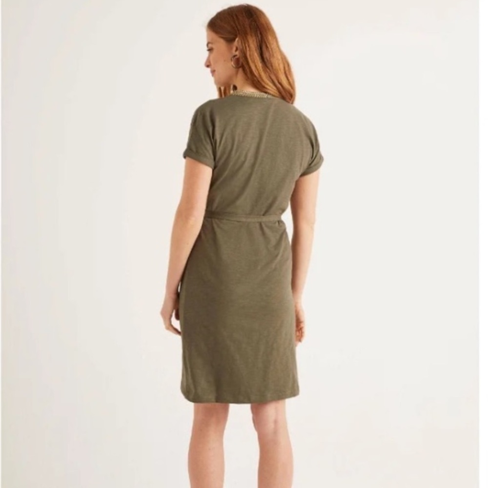 Boden Army Olive Green Gold Dora Embroidered Tie Waist Jersey Dress Size 2R - Picture 2 of 14